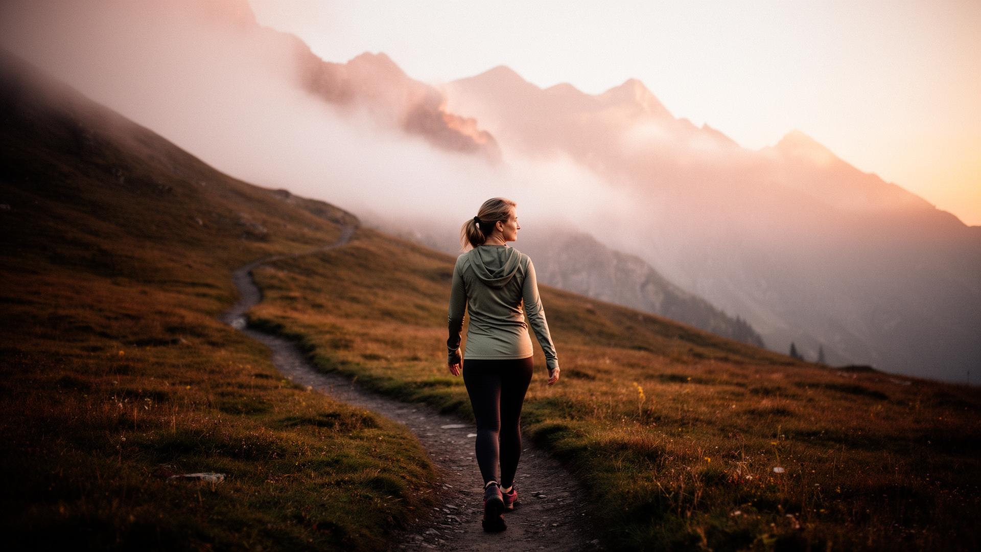 Woman walking a winding alpine trail toward fog-wrapped peaks at dawn, a visual metaphor for navigating change
