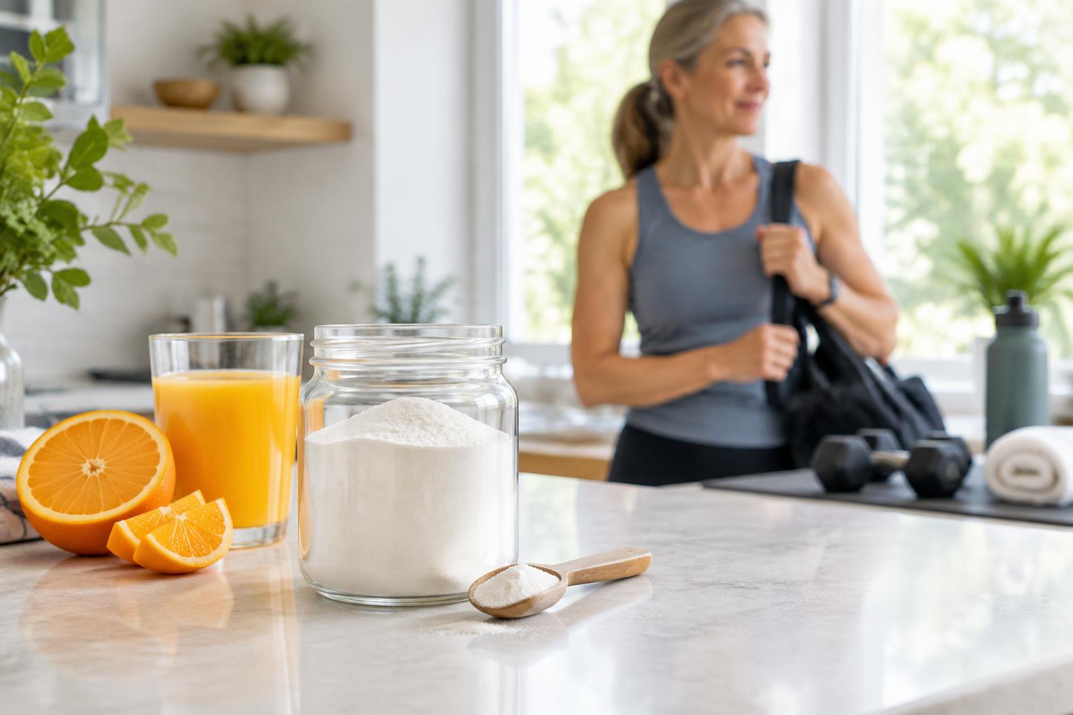 Collagen powder and orange juice on a kitchen counter, with an active midlife woman preparing for training
