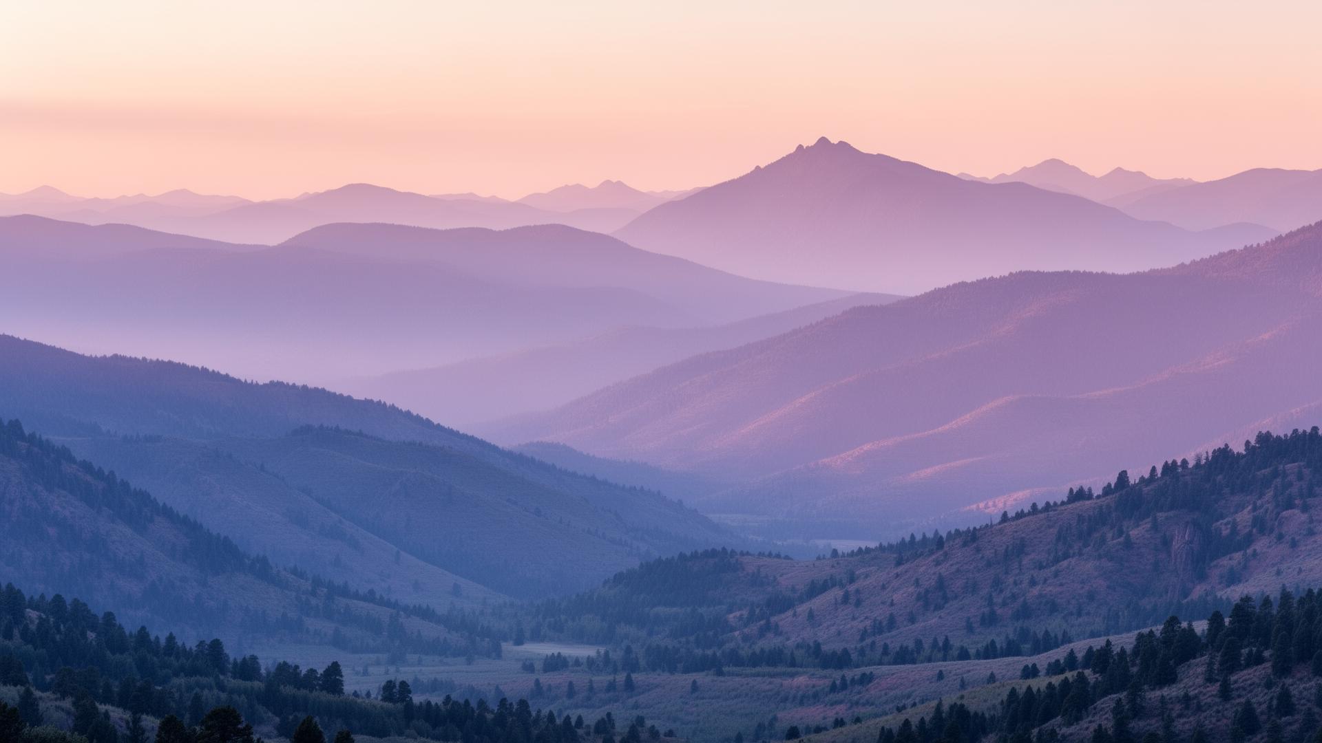 Soft natural mountain landscape at dawn in Colorado with pastel purple, sage, and periwinkle tones
