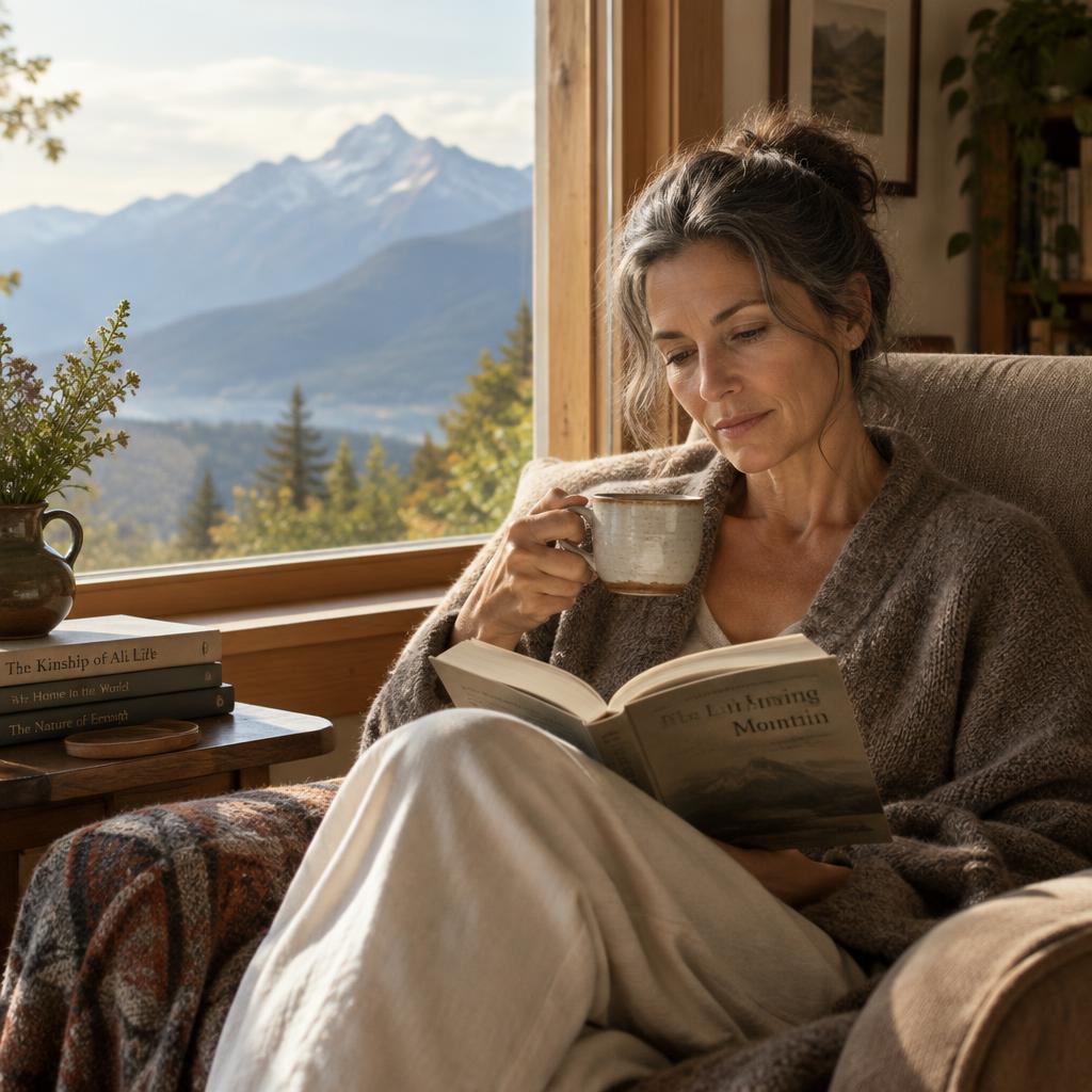 Woman in midlife reading by a sunlit window with mountains outside